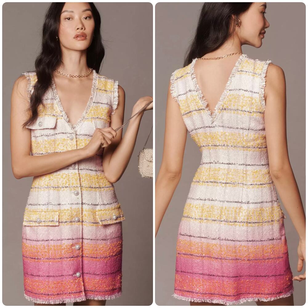 Maeve Anthropologie Sleeveless Tweed Mini Dress Pink Yellow White V-neck size 2